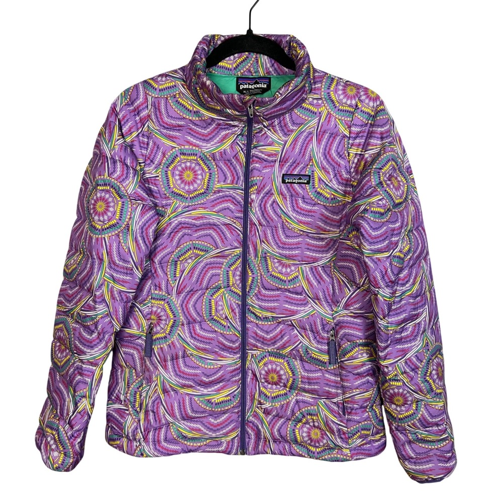 Patagonia Girls XL 14 Down Sweater Jacket Purple Wavy Mandala Print Puffer Zip
